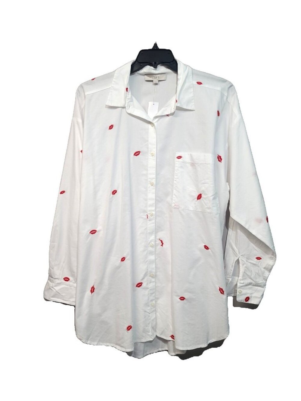 LOFT Red Lip Print White Button-Down Everyday Shirt XL NWT Oversized